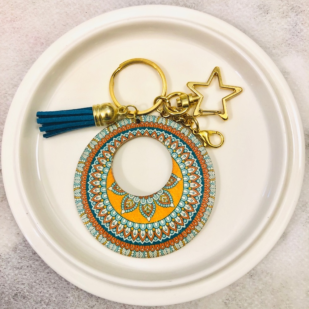 Mandala Keychain w Teal Suede Tassel Zipper Pull